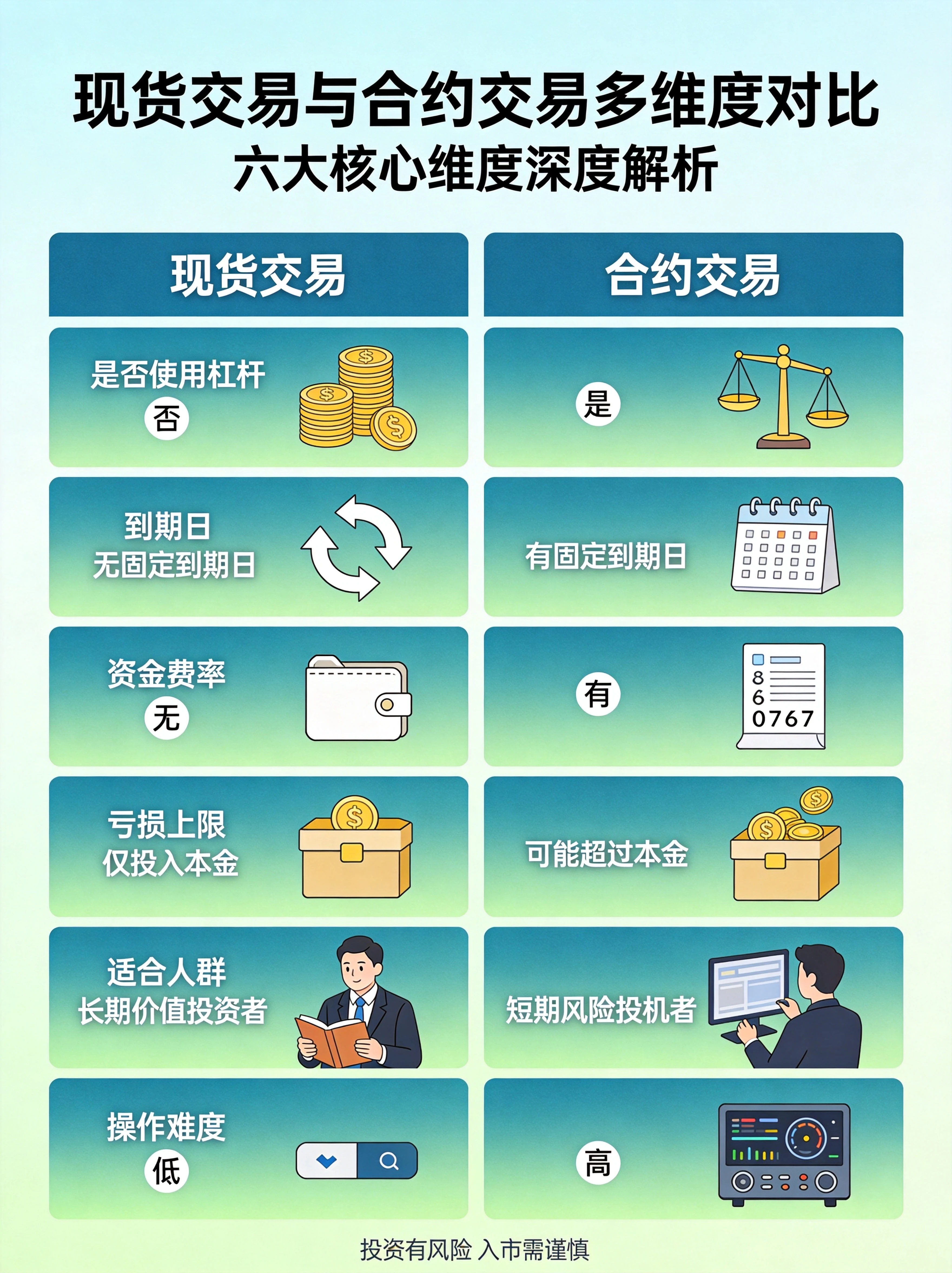现货交易与合约交易六大维度对比信息图,杠杆使用、到期日、资金费率、亏损上限、适合人群、操作难度对比可视化 现货交易与合约交易六大维度对比信息图,杠杆使用、到期日、资金费率、亏损上限、适合人群、操作难度对比可视化