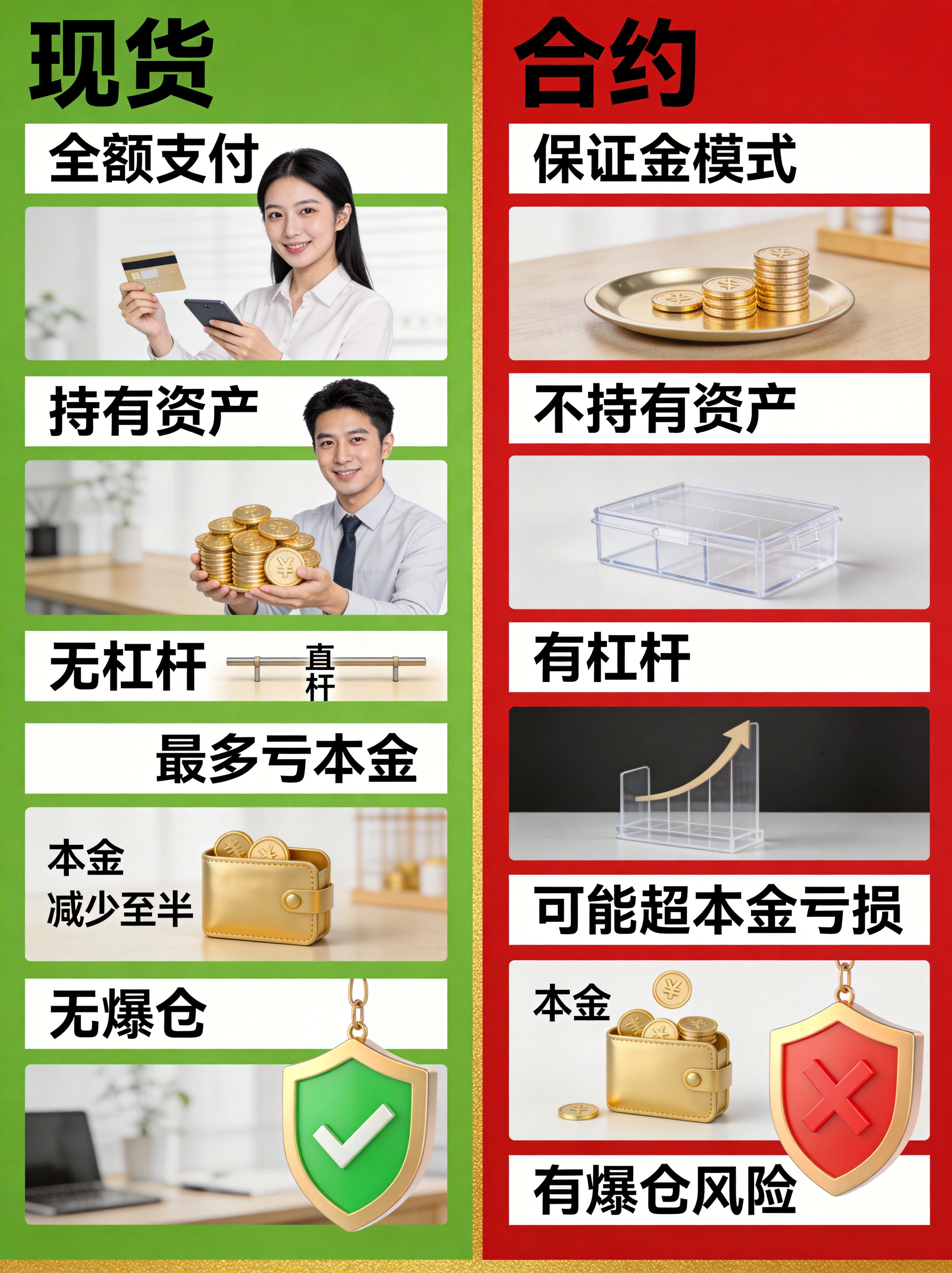 现货与合约核心差异对比图,左右两栏对比,左栏现货:全额支付、持有资产、无杠杆、最多亏本金、无爆仓,右栏合约:保证金模式、不持有资产、有杠杆、可能超本金亏损、有爆仓风险 现货与合约核心差异对比图,左右两栏对比,左栏现货:全额支付、持有资产、无杠杆、最多亏本金、无爆仓,右栏合约:保证金模式、不持有资产、有杠杆、可能超本金亏损、有爆仓风险
