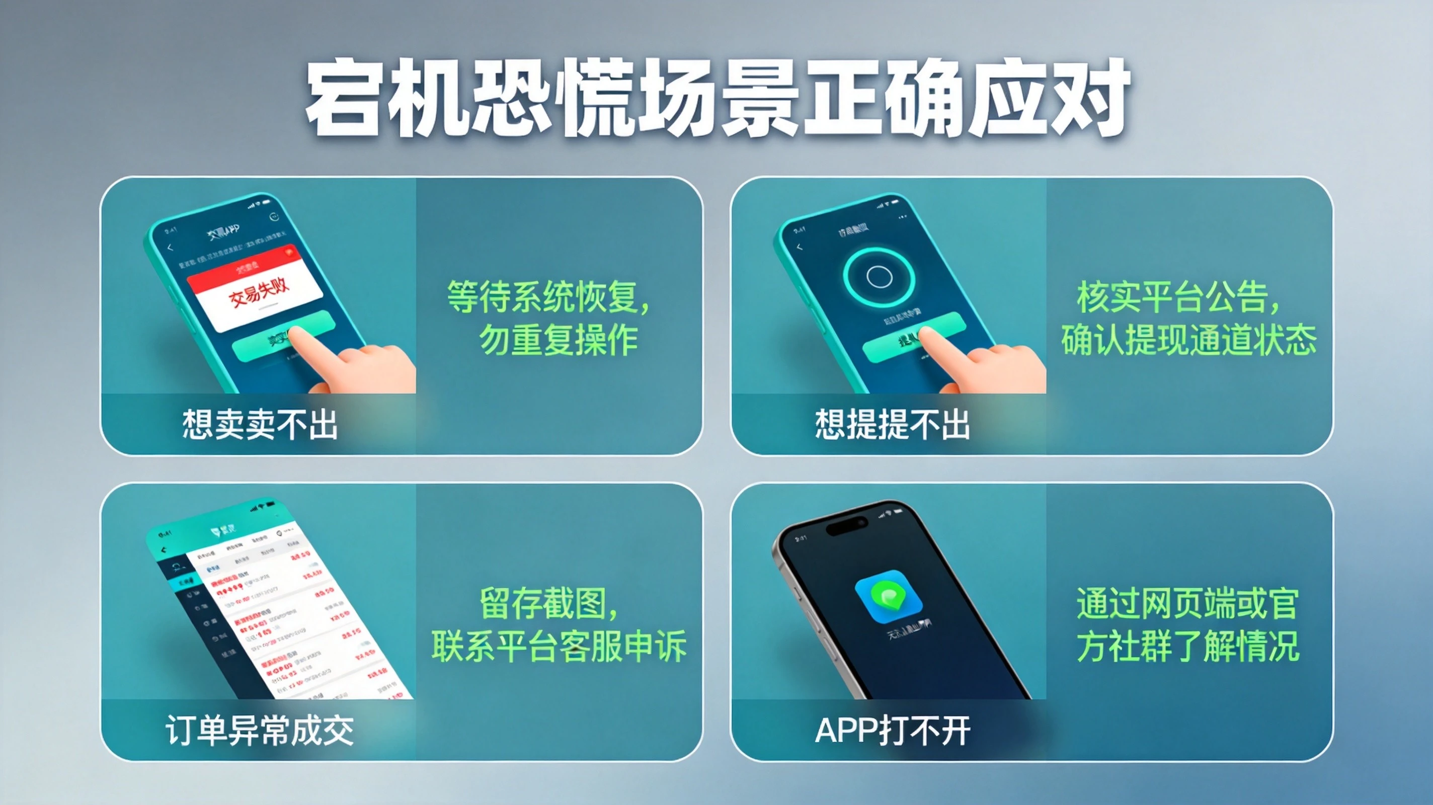 蓝绿色科技风格宕机场景应对对比信息图，展示四个常见恐慌场景及其正确应对方法，对比清晰直观